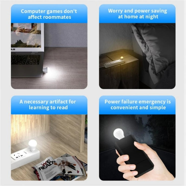 USB LED night lamp bulb shown in night-light use scenes, compact white bulb
