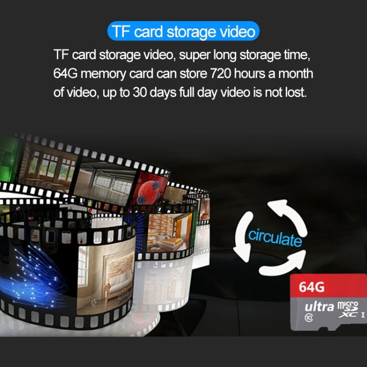 Wireless IP camera TF card storage concept with 64G memory icon and film reels