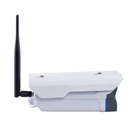 White WiFi IP security camera with long antenna and front lens housing