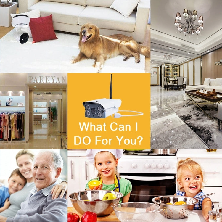 Wireless WiFi IP camera in a living room near a couch and pet