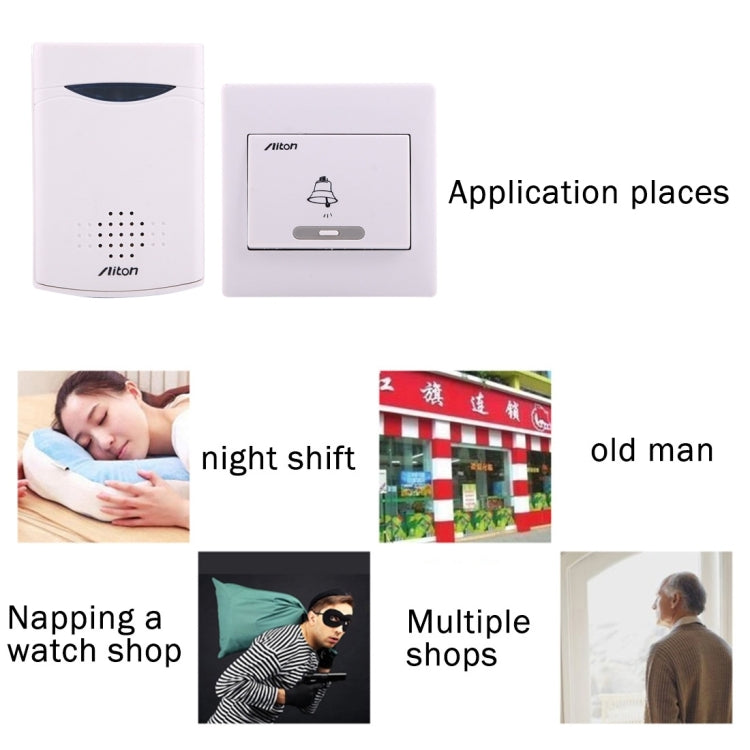 Two white wireless doorbell units: receiver with speaker holes and chime unit
