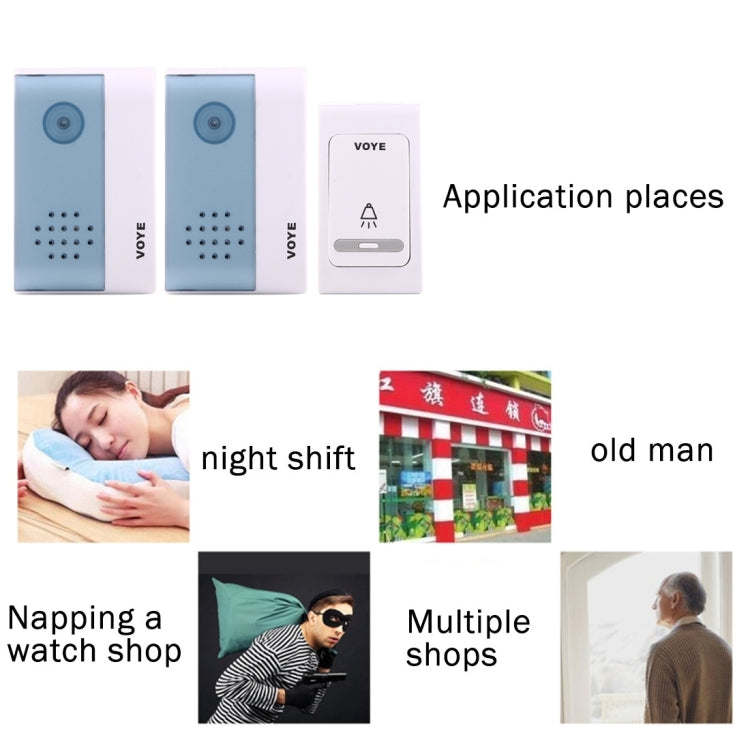 VOYE wireless doorbell set: two blue chime units and a white receiver