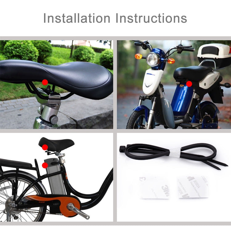 Wireless vibration burglar alarm sensor for bicycle, shown mounted with red indicator dot