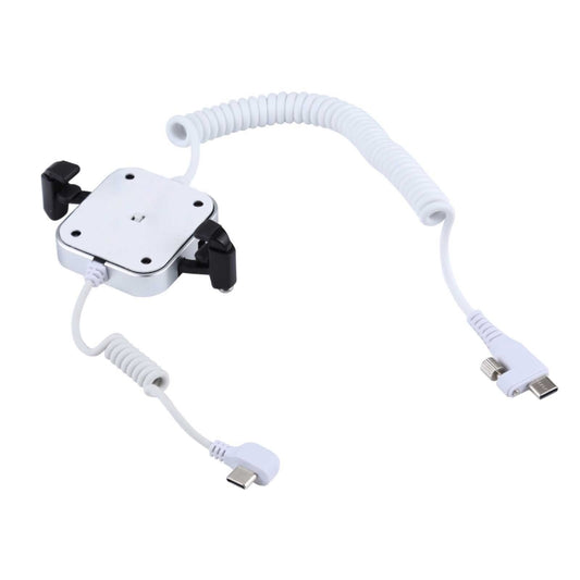 Anti-theft stand mount with black clamp and coiled charging cables, USB ends