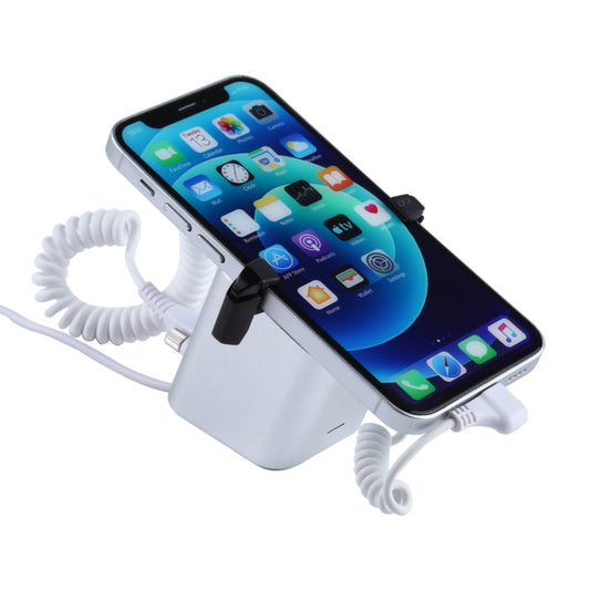 Anti-theft phone display stand with white housing and coiled security cable