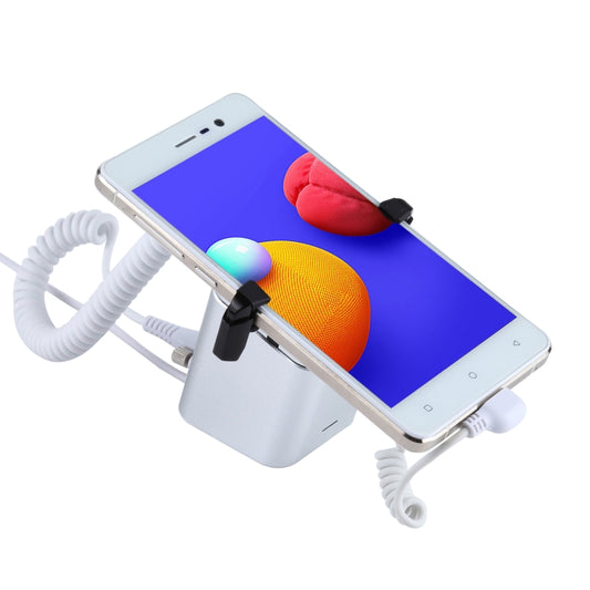 Aluminum anti-theft phone alarm stand with clamp mount and Micro-USB cable, square-column design