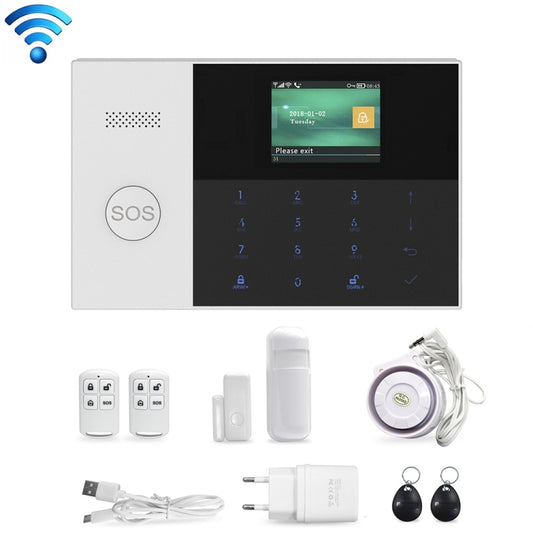 White smart home alarm panel with SOS button, touch keypad, and LCD display, plus sensors