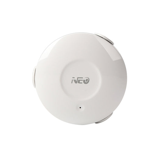 White round NEO WiFi water sensor with side clip and front logo