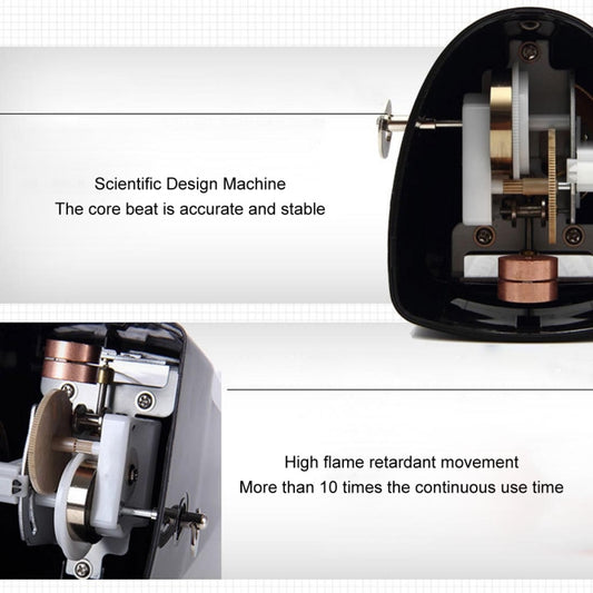 Black mechanical metronome with open housing showing internal spring and gears