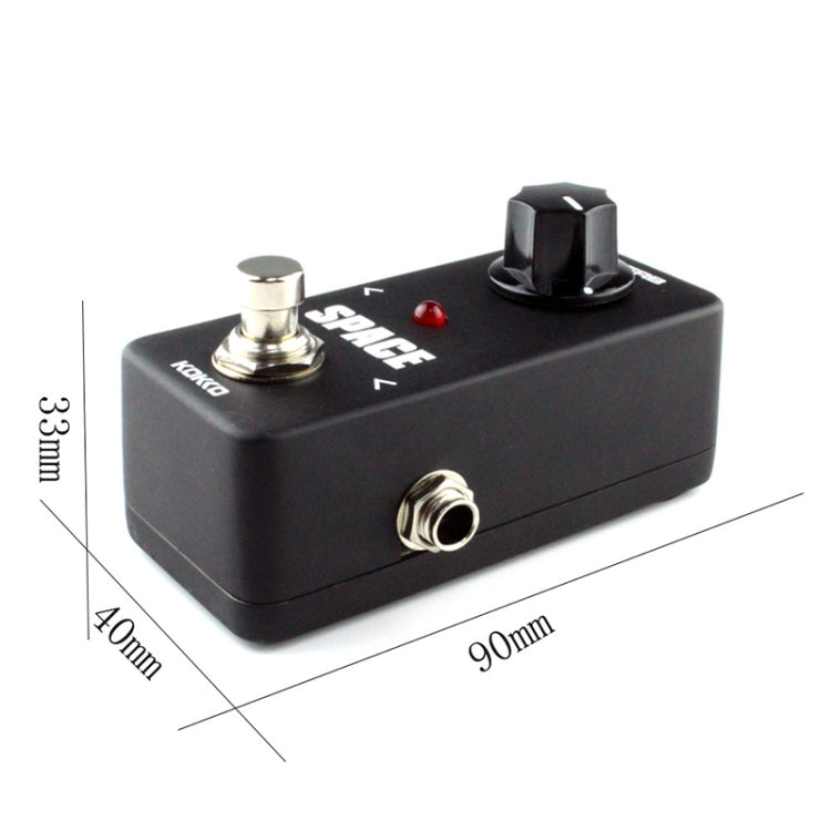 KOKKO Space reverb pedal with size measurements, top knob, red LED, and input jack