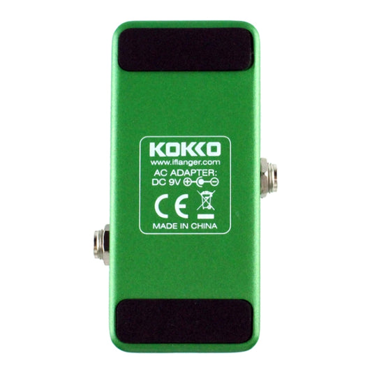 Back of green KOKKO overdrive pedal with power specs, CE mark, and Made in China
