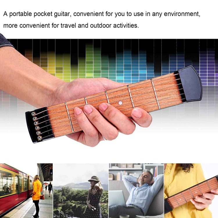 Pocket guitar practice tool in use, hands on wooden fretboard with 6 frets