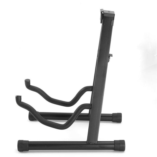 Black metal guitar stand with three-piece legs and two padded guitar supports
