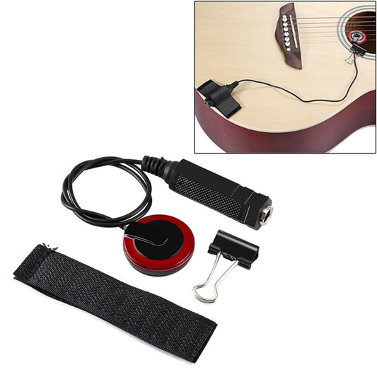 Piezo contact pickup kit with red sensor disk, black cable, clips and mounting strip