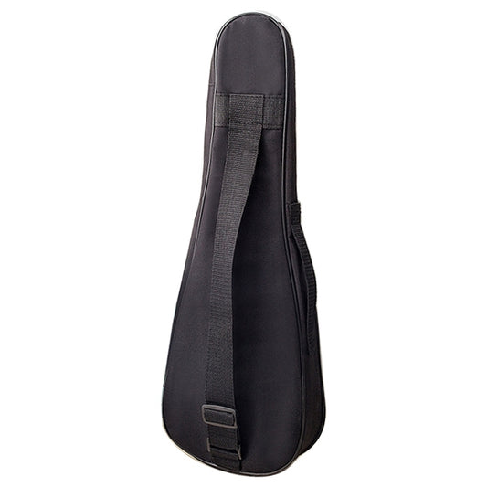 Dark padded ukulele bag with adjustable webbing strap and buckle, side view
