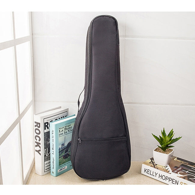 23-inch ukulele bag standing upright with padded neck support, black
