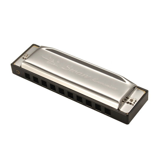 Swan 10-hole polyphonic harmonica in silver body with black cover and air holes