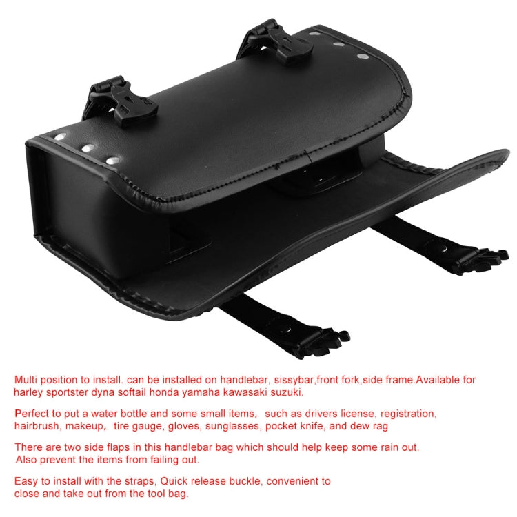 Black PU leather motorcycle tool bag underside view with mounting brackets and straps