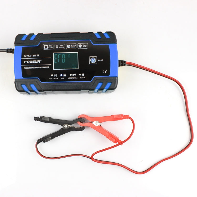 Blue car battery charger with UK power lead and red/black alligator clamp set