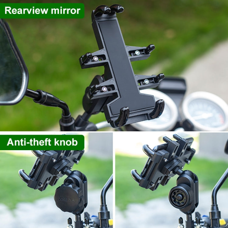 Motorcycle rearview mirror phone bracket with anti-theft knob and adjustable clamp