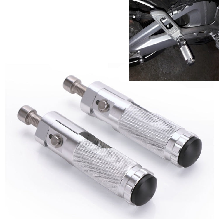 Silver folding motorcycle footrests set with textured grips and mounting bolts, 8mm
