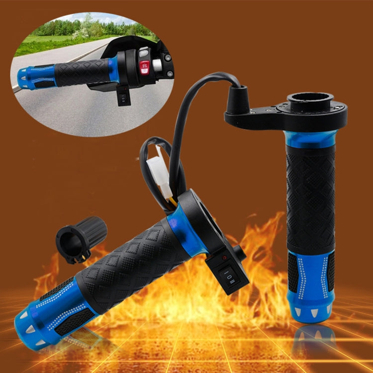 Heated motorcycle scooter hand grips set, blue aluminum ends with black textured sleeves