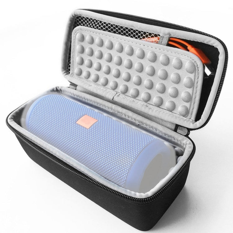 Open hard speaker case with padded compartments and molded foam protection insert