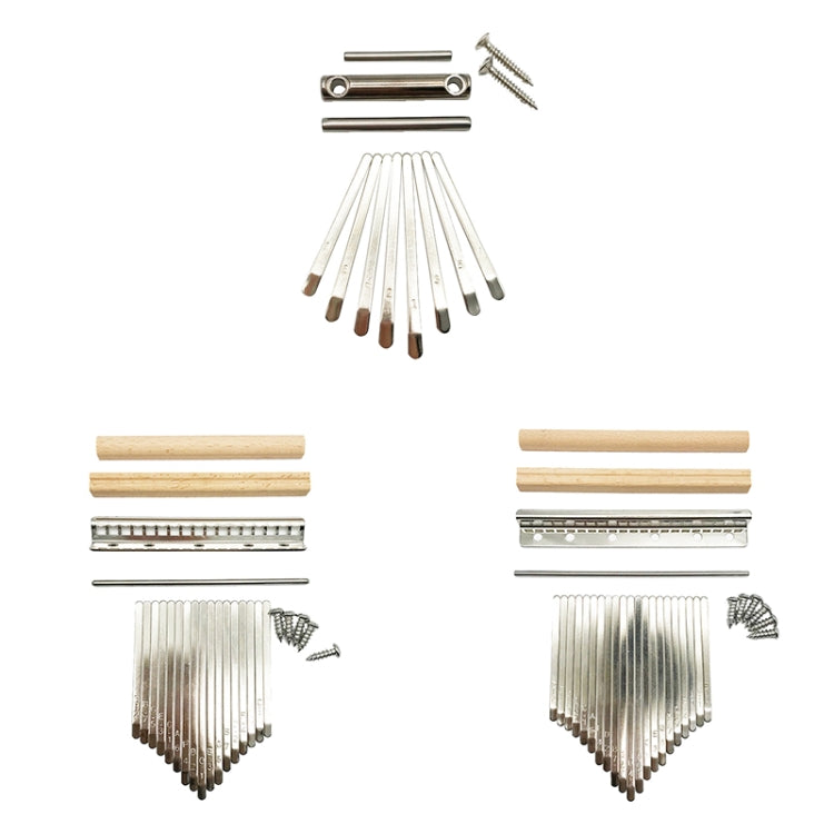 Kalimba accessory kit components: metal keys, wooden bars, screws, and pins