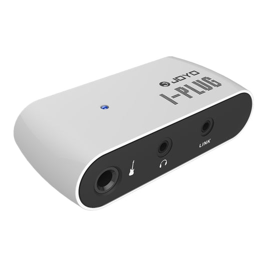 Portable headphone guitar amplifier with white body and side input/output ports