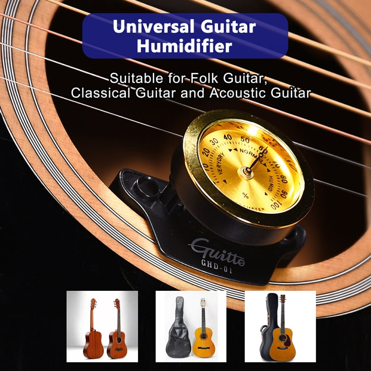 Universal guitar sound hole humidifier with gold hygrometer on guitar strings; black body