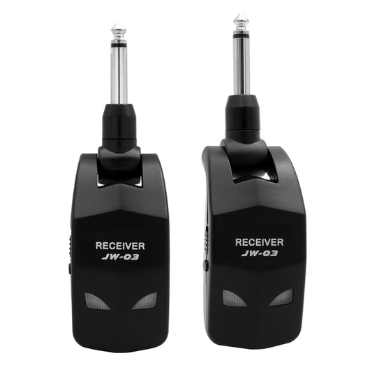 Black wireless guitar receiver and transmitter, JW-03, with 1/4 in plugs