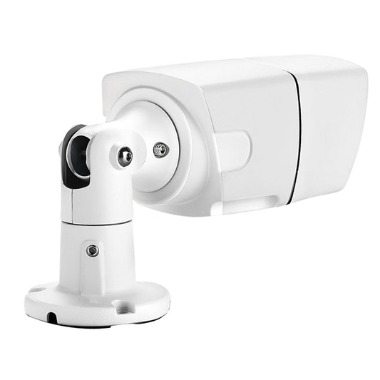 White PoE security bullet camera on swivel wall mount bracket, front view