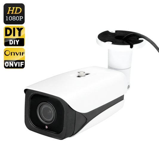 White and black outdoor IP security camera with front lens and compact housing