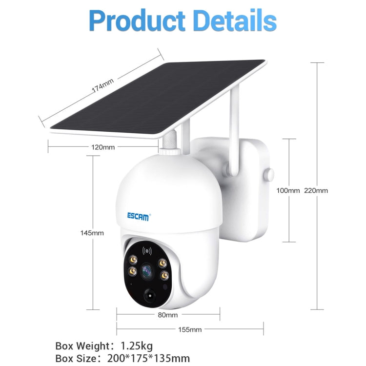 Solar security camera dimension diagram with roof panel, dome camera housing measurements
