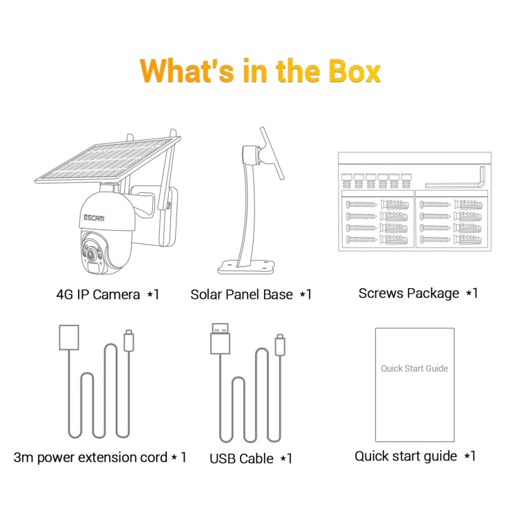 4G solar IP camera kit contents: camera, solar base, cables, screws, and quick start guide