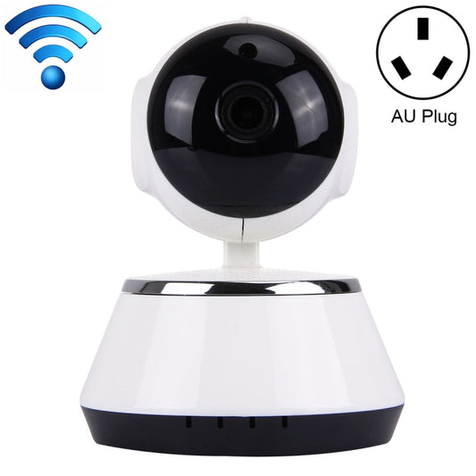 White and black wireless indoor security camera with rotating lens and base