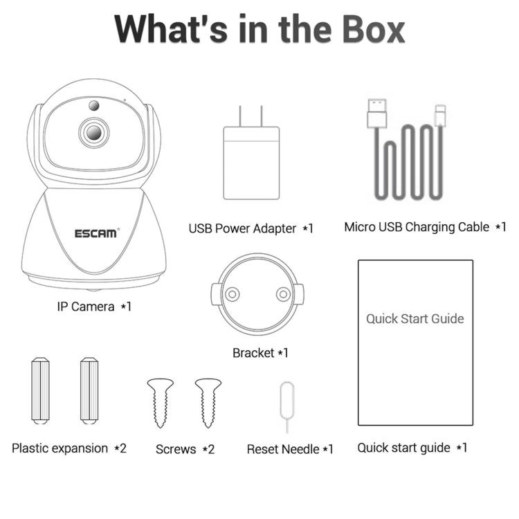 WiFi IP camera kit contents with power adapter, cables, bracket, and quick start guide