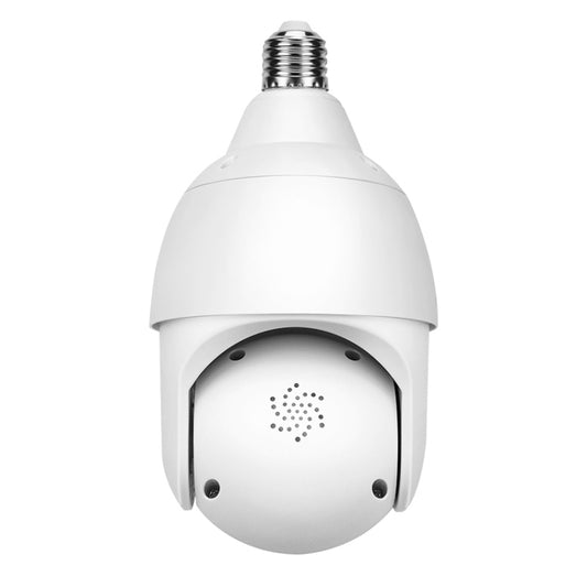 White lamp-bulb security camera, underside speaker grille and lens module, E27 screw base.