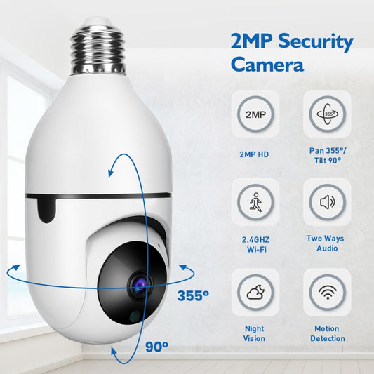White smart bulb security camera with black lens and visible motion-angle range graphic
