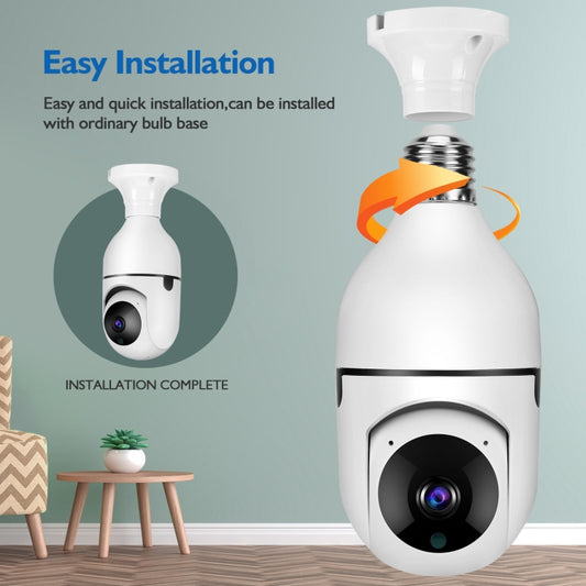 White smart bulb security camera with wide lens and screw-in bulb base