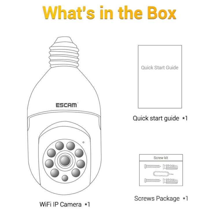 ESCAM WiFi light bulb camera box contents: camera, quick start guide, screws kit
