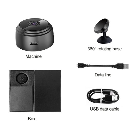 Black compact WiFi camera with 360° rotating base and USB data cable