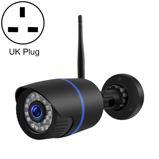 Wireless IP security camera with UK plug, black body, antenna and front lens