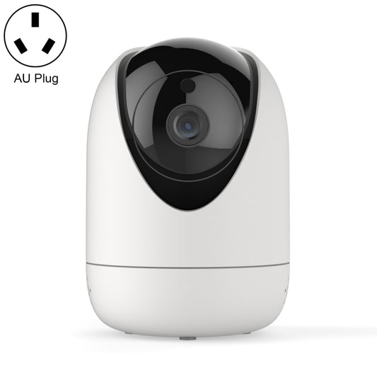 White indoor security camera with black dome lens and wide-angle front glass