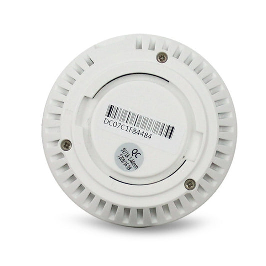 White ceiling-mount panoramic camera underside with screws, vents, and barcode label