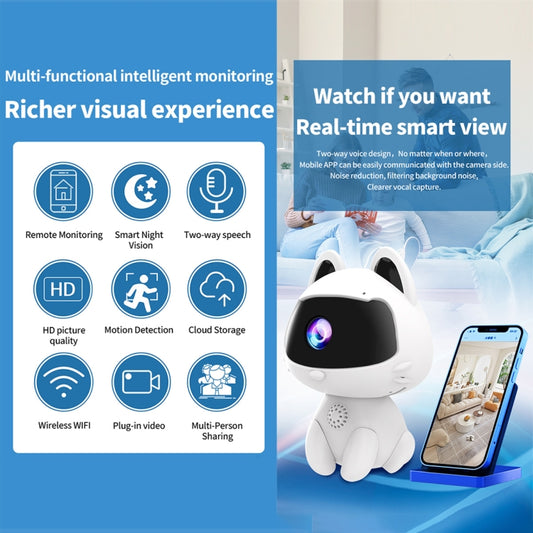 White cat-shaped smart home camera device with black lens window and two speaker grilles