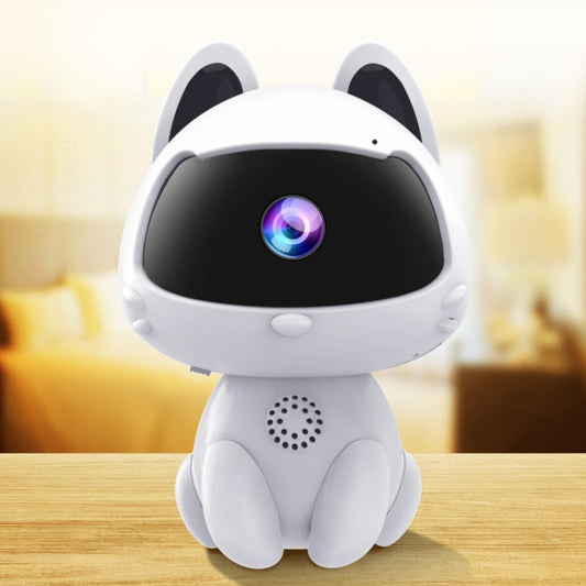 White cat-ear smart home camera with black lens window and built-in speaker dot panel