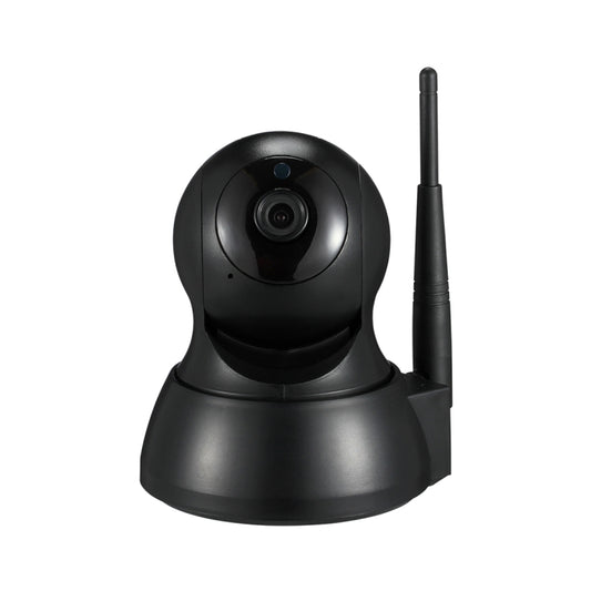 Black WiFi infrared dome IP camera with antenna, angled front view.