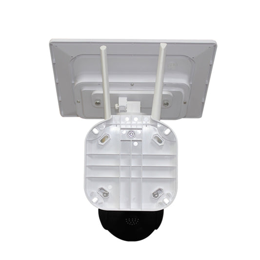 Solar WiFi security camera with rear mounting cover open, showing internal connectors and bracket