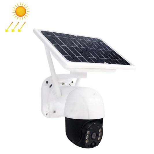 White solar-powered WiFi security camera with black dome lens and top solar panel